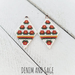 Red yellow and green flower beaded delica earrings. Indigenous Handmade