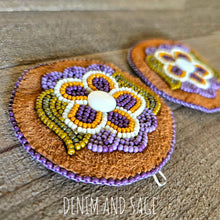 Load image into Gallery viewer, Purple flower applique beaded earrings. Indigenous handmade.
