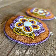 Load image into Gallery viewer, Purple flower applique beaded earrings. Indigenous handmade.
