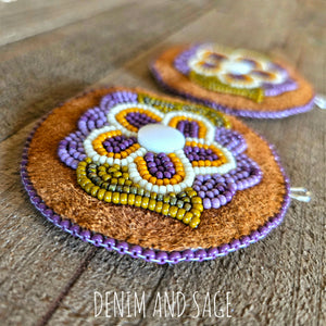 Purple flower applique beaded earrings. Indigenous handmade.