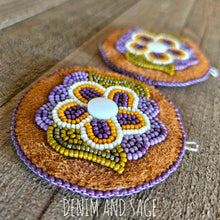 Load image into Gallery viewer, Purple flower applique beaded earrings. Indigenous handmade.
