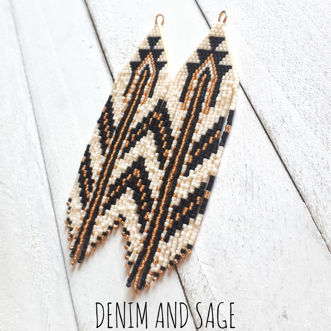 Gold, matte black and cream beaded earrings. Indigenous handmade.