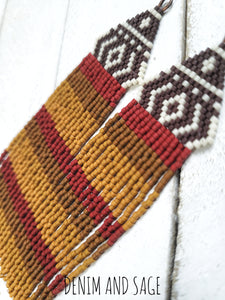 Brown, red and rusty beaded earrings. Indigenous handmade.