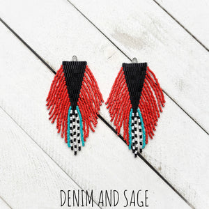 Black, turquoise, red and white beaded earrings. Indigenous handmade.
