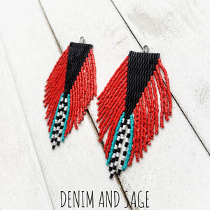 Black, turquoise, red and white beaded earrings. Indigenous handmade.
