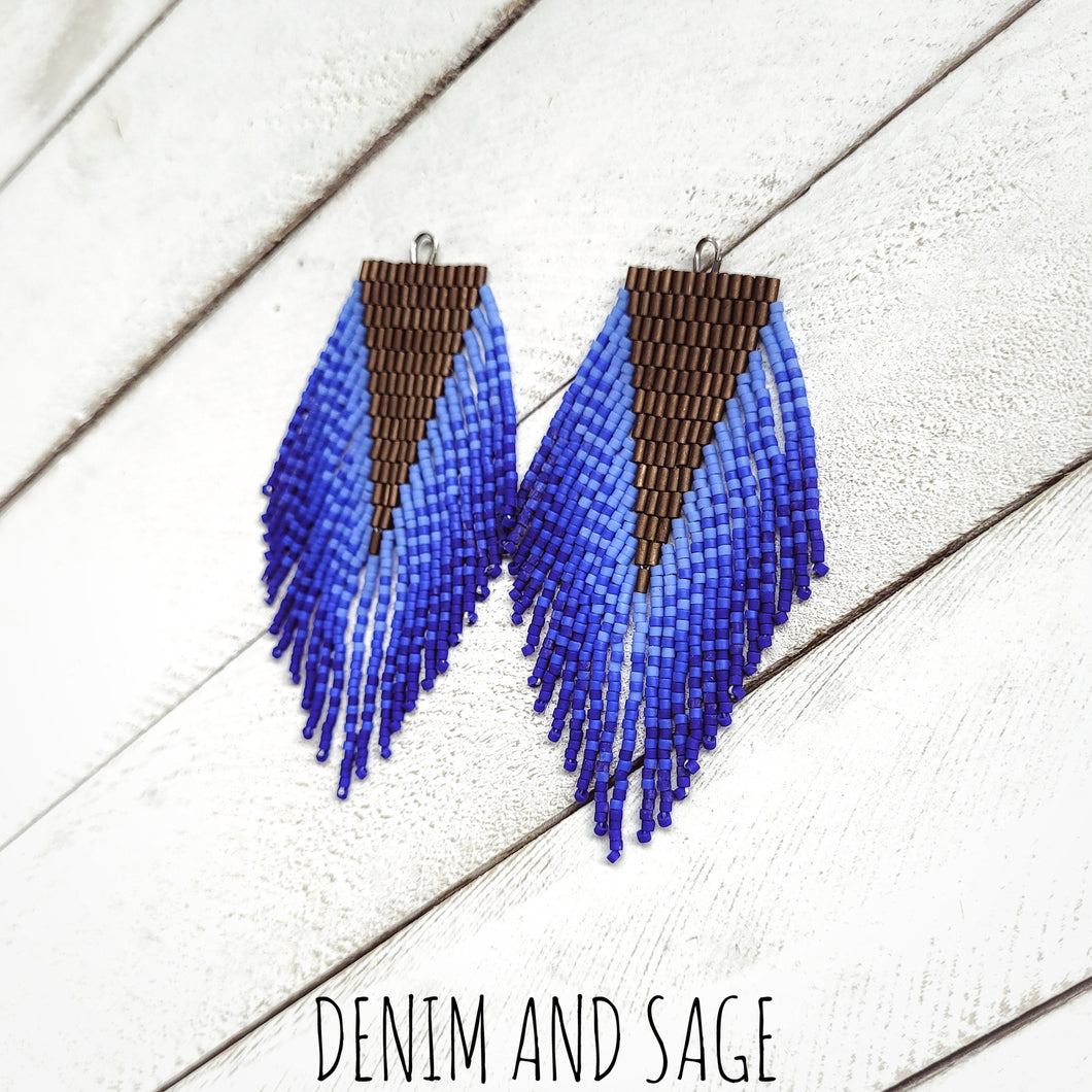 Bronze and blue beaded earrings. Indigenous handmade.