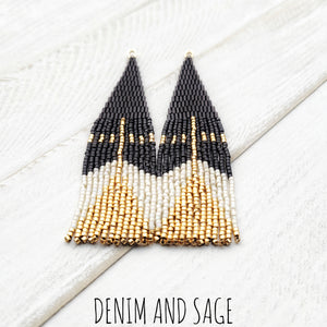 Black, cream and gold beaded earrings. Indigenous handmade.
