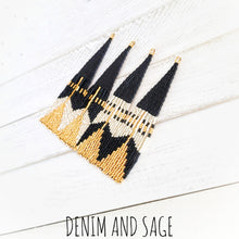Load image into Gallery viewer, Black, cream and gold beaded earrings. Indigenous handmade.
