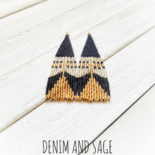 Load image into Gallery viewer, Black, cream and gold beaded earrings. Indigenous handmade.
