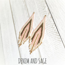 Load image into Gallery viewer, Green, blush, cream and gold dangle earrings. Indigenous handmade.

