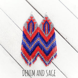 Red and blue beaded earrings. Indigenous handmade.
