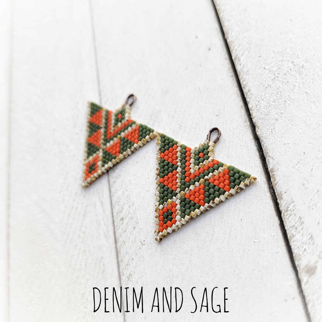 Green and orange beaded earrings. Indigenous handmade