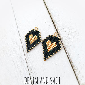 Matte black and gold heart beaded earrings. Indigenous handmade.