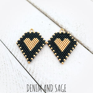 Matte black and gold heart beaded earrings. Indigenous handmade.