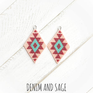 Pink and dark red beaded earrings. Indigenous handmade.