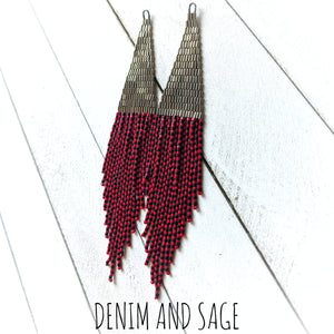 Metallic steel, red and black beaded earrings. Indigenous handmade.