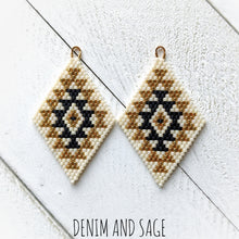 Load image into Gallery viewer, Cream, matte black and gold double diamond beaded earrings. Indigenous handmade.
