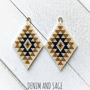 Cream, matte black and gold double diamond beaded earrings. Indigenous handmade.