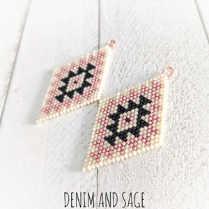 Cream, matte black and rose gold double diamond beaded earrings. Indigenous handmade.