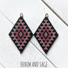 Load image into Gallery viewer, Matte black and rose gold double diamond beaded earrings. Indigenous handmade.
