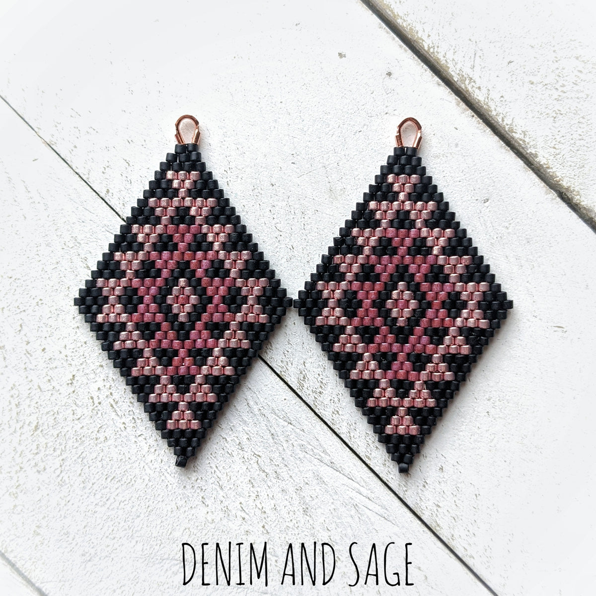 Matte black and rose gold double diamond beaded earrings. Indigenous h ...