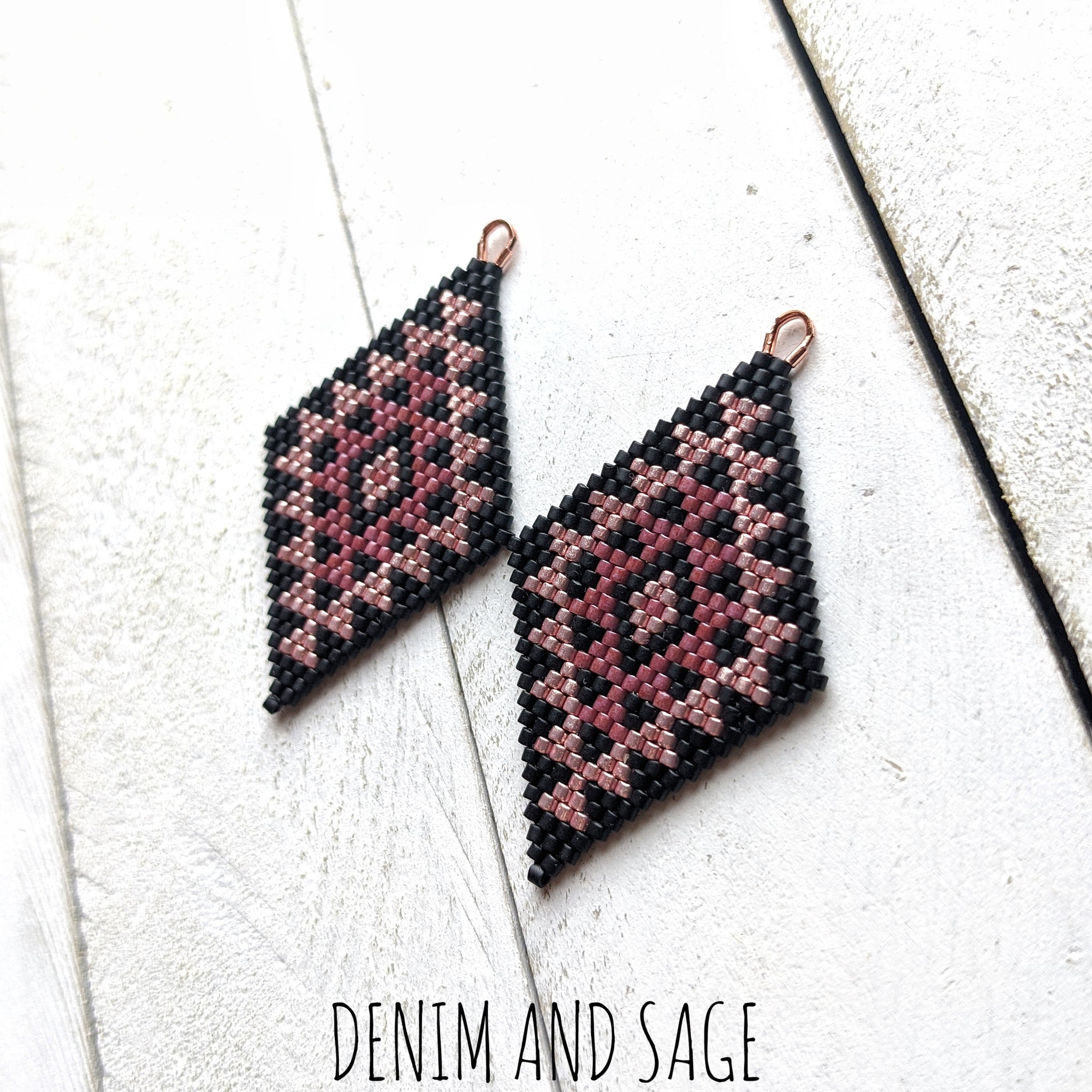 Matte black and rose gold double diamond beaded earrings. Indigenous h ...