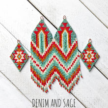 Load image into Gallery viewer, Turquoise, cream, burnt orange and red beaded delica earrings. Indigenous Handmade
