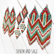 Load image into Gallery viewer, Turquoise, cream, burnt orange and red beaded delica earrings. Indigenous Handmade
