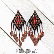 Load image into Gallery viewer, Copper, burnt orange and dark red souble diamond  beaded earrings. Indigenous handmade.

