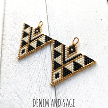 Load image into Gallery viewer, Cream, matte black and gold triangle beaded earrings. Indigenous handmade.
