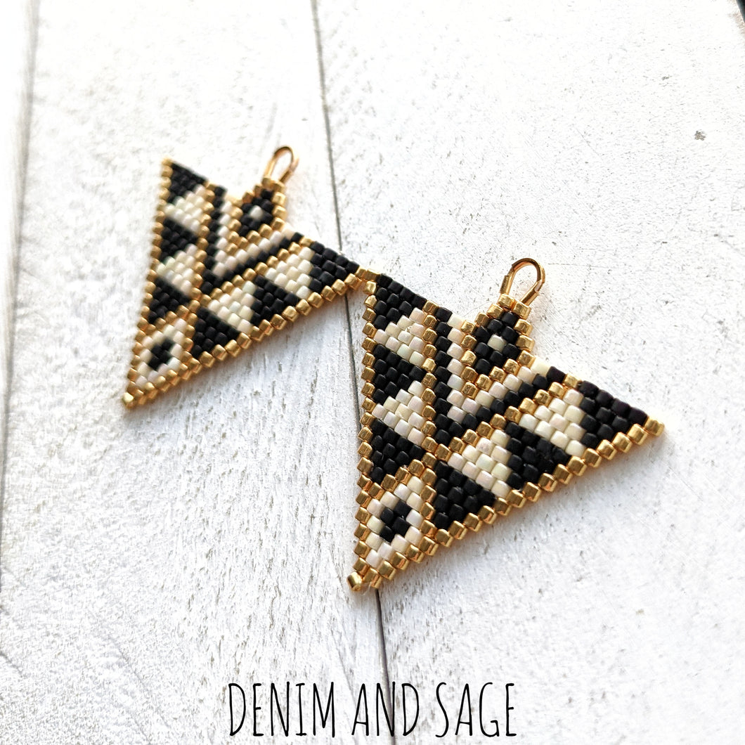 Cream, matte black and gold triangle beaded earrings. Indigenous handmade.
