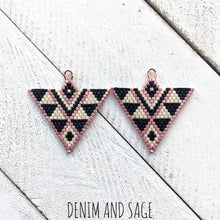 Load image into Gallery viewer, Cream, matte black and rose gold triangle beaded earrings. Indigenous habdmade.

