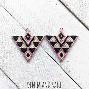 Cream, matte black and rose gold triangle beaded earrings. Indigenous habdmade.
