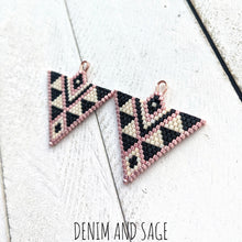 Load image into Gallery viewer, Cream, matte black and rose gold triangle beaded earrings. Indigenous habdmade.
