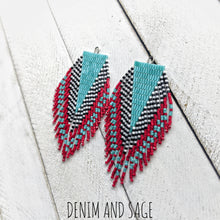 Load image into Gallery viewer, Turquoise, red, black and white beaded earrings. Indigenous handmade.
