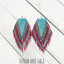 Load image into Gallery viewer, Turquoise, red, black and white beaded earrings. Indigenous handmade.

