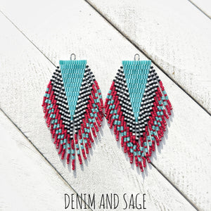 Turquoise, red, black and white beaded earrings. Indigenous handmade.
