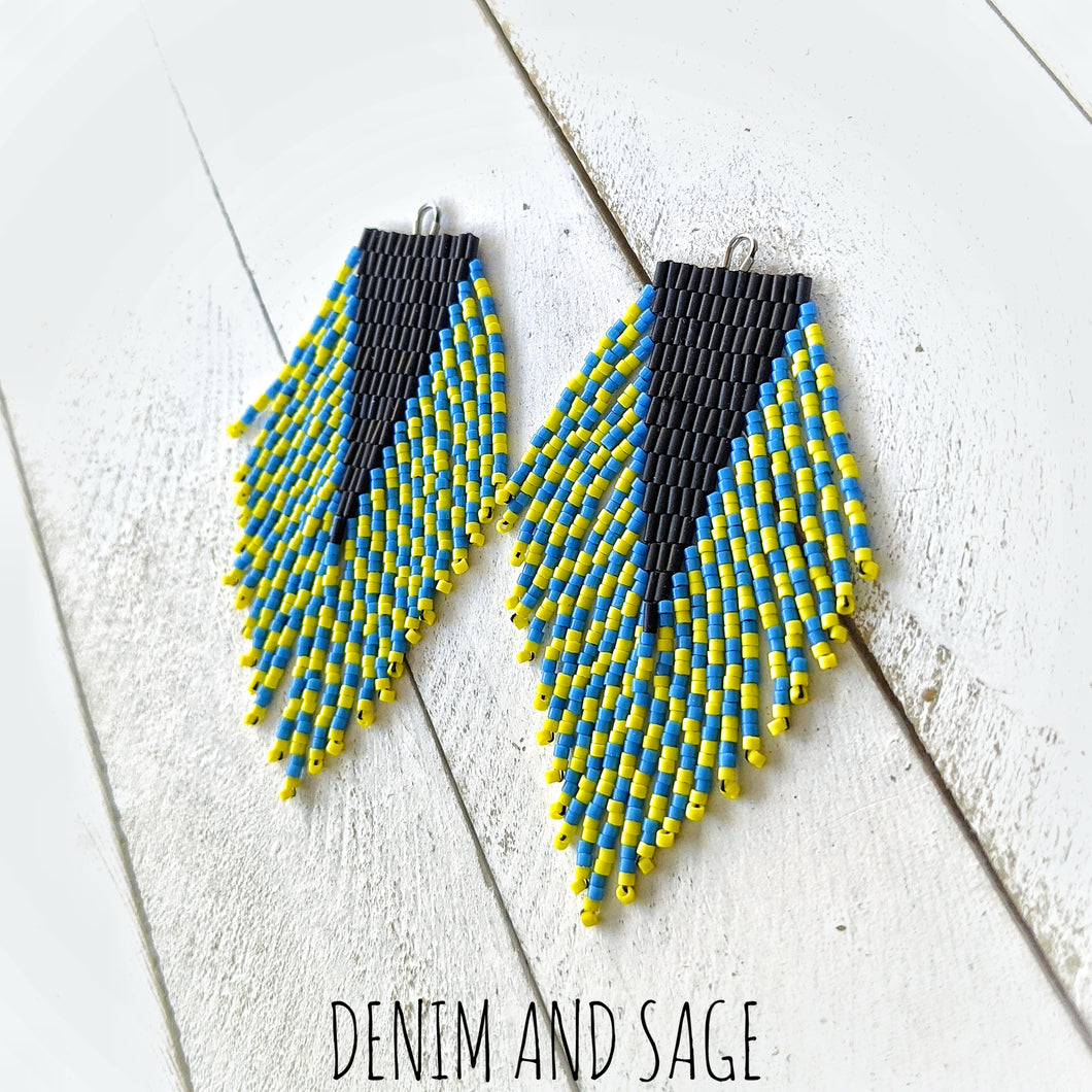 Bright blue and yellow beaded earrings. Indigenous handmade.