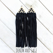 Load image into Gallery viewer, Cream and black leather fringe beaded earrings. Indigenous handmade.

