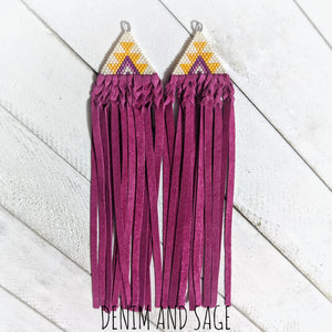 Yellow and pink leather fringe beaded earrings. Indigenous handmade.