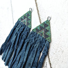 Load image into Gallery viewer, Turquoise and blue leather fringe beaded earrings. Indigenous handmade.
