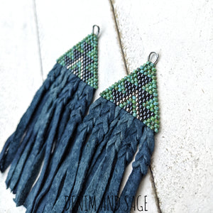 Turquoise and blue leather fringe beaded earrings. Indigenous handmade.
