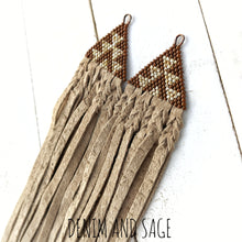 Load image into Gallery viewer, Brown and tan leather fringe beaded earrings. Indigenous handmade.
