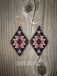 Rose gold and matte black delica beaded earrings. Indigenous handmade