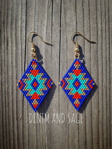 Blue, gold and red beaded delica earrings. Indigenous Handmade