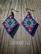 Load image into Gallery viewer, Blue, gold and red beaded delica earrings. Indigenous Handmade
