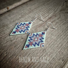 Load image into Gallery viewer, Mint green and navy beaded earrings. Indigenous handmade
