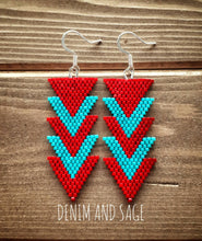 Load image into Gallery viewer, Red and turquoise arrow earrings. Indigenous handmade.

