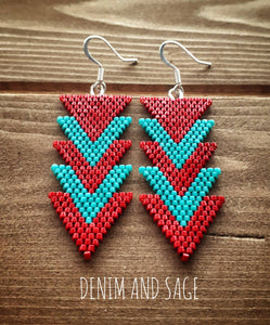 Red and turquoise arrow earrings. Indigenous handmade.