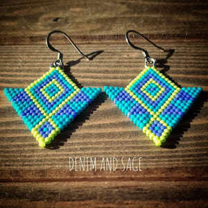 Purple, blue and chartreuse beaded earrings. Indigenous handmade.